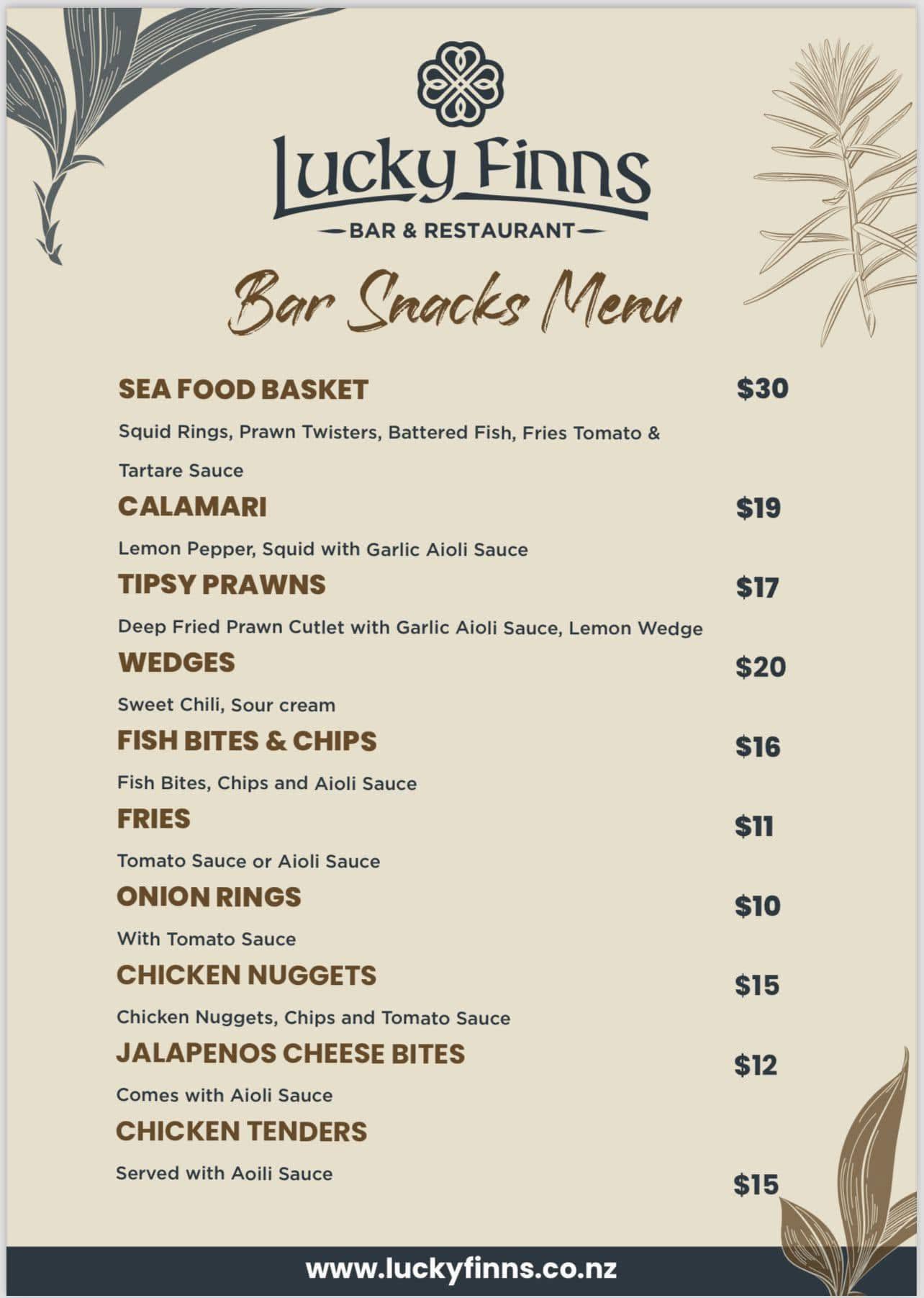 Lucky Finns bar snacks menu board