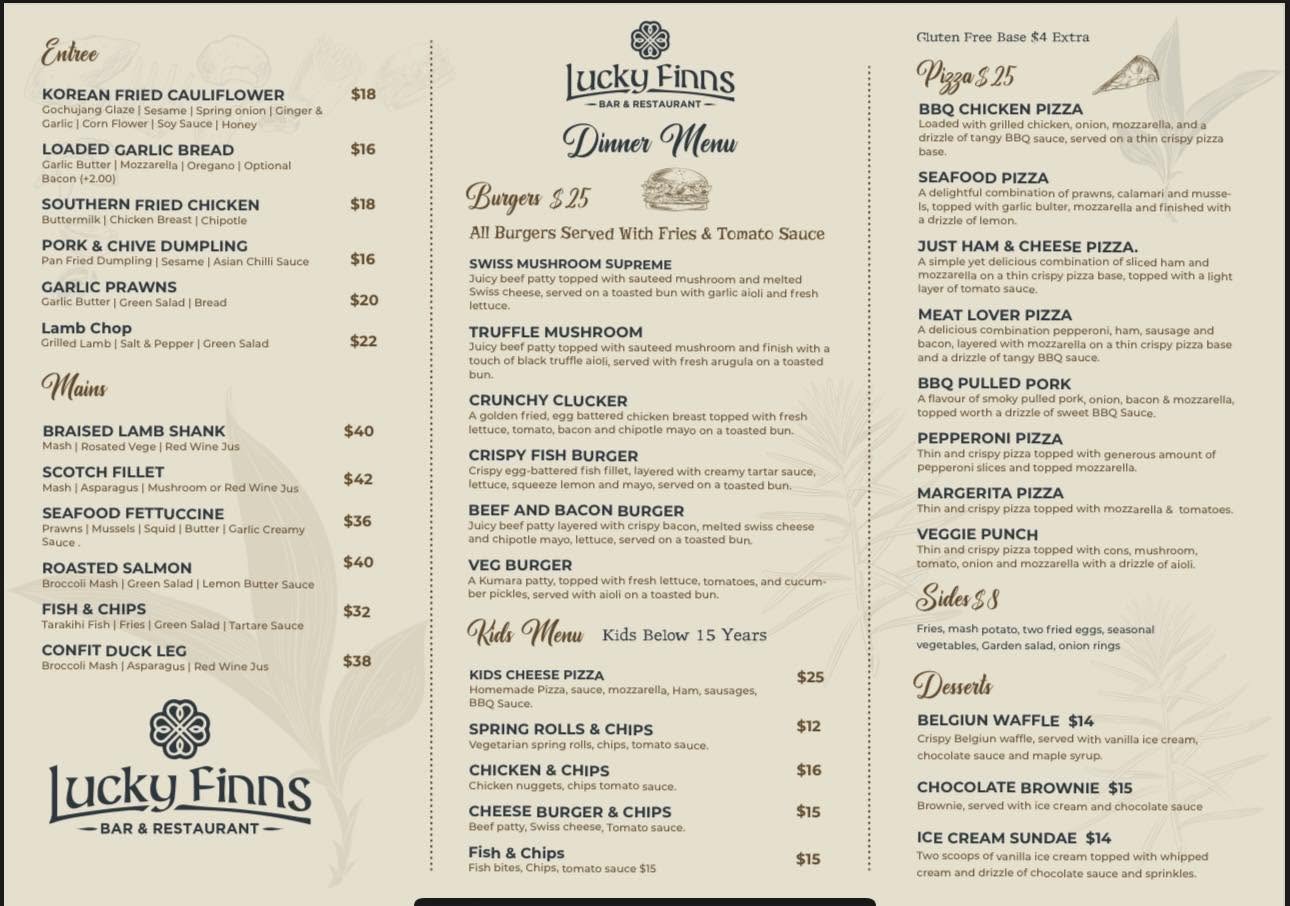 Lucky Finns dinner menu board