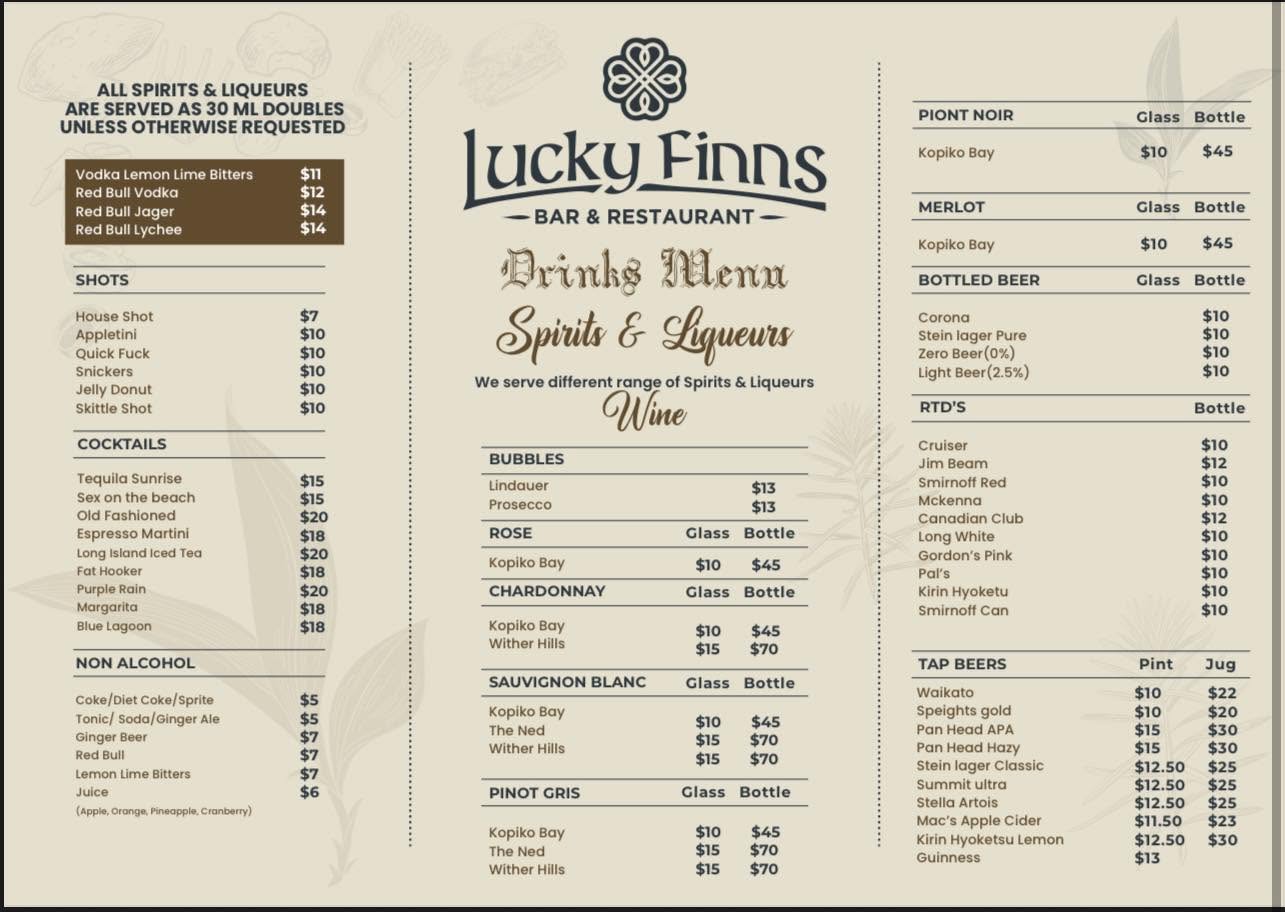 Lucky Finns drinks menu board