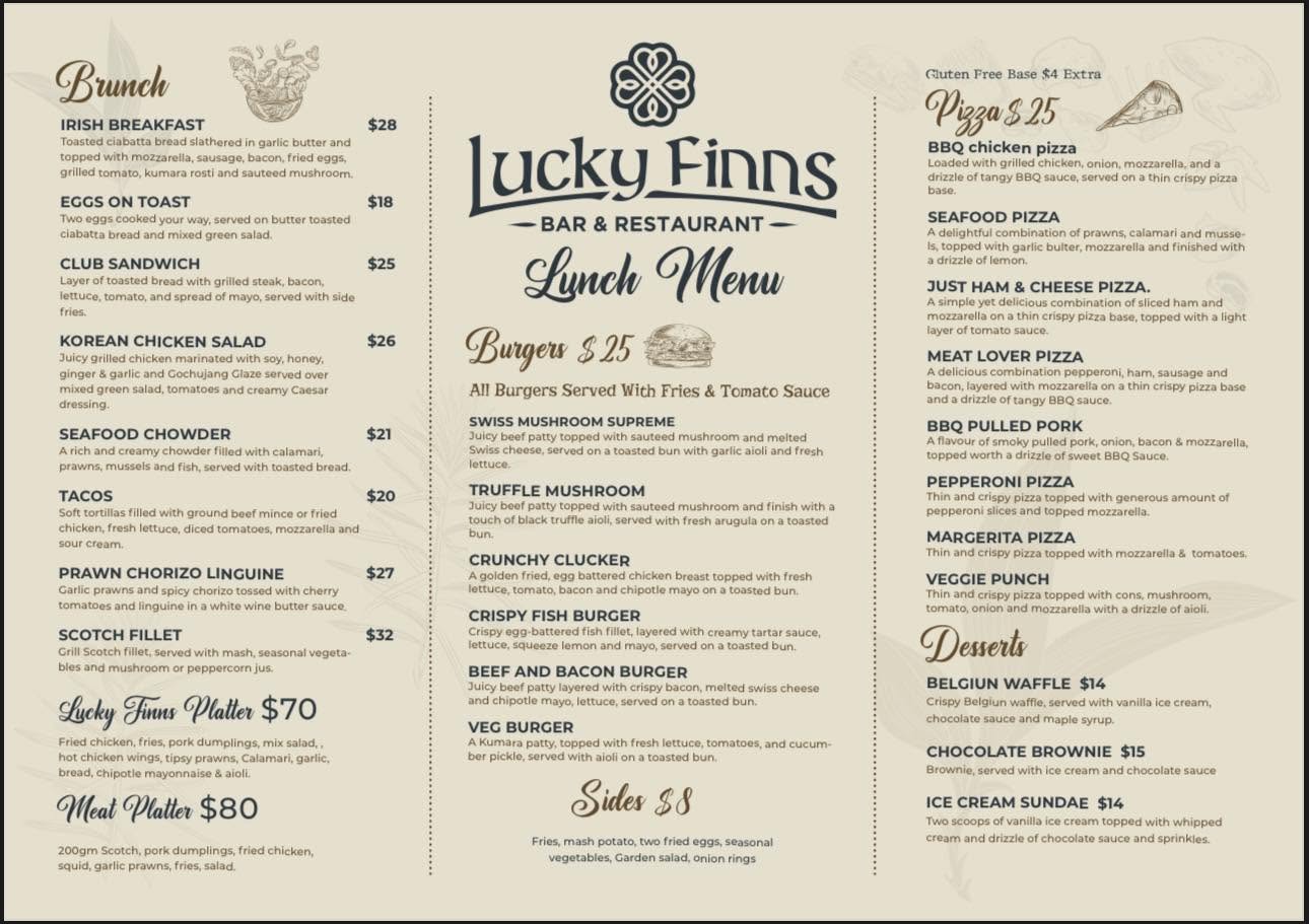 Lucky Finns brunch and lunch menu board