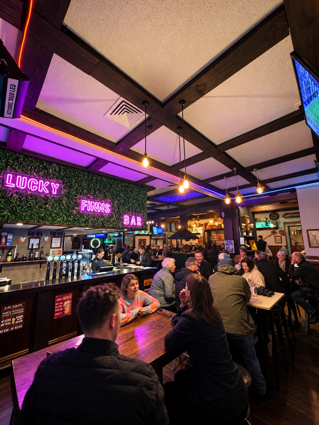 The lively Lucky Finns bar after dark